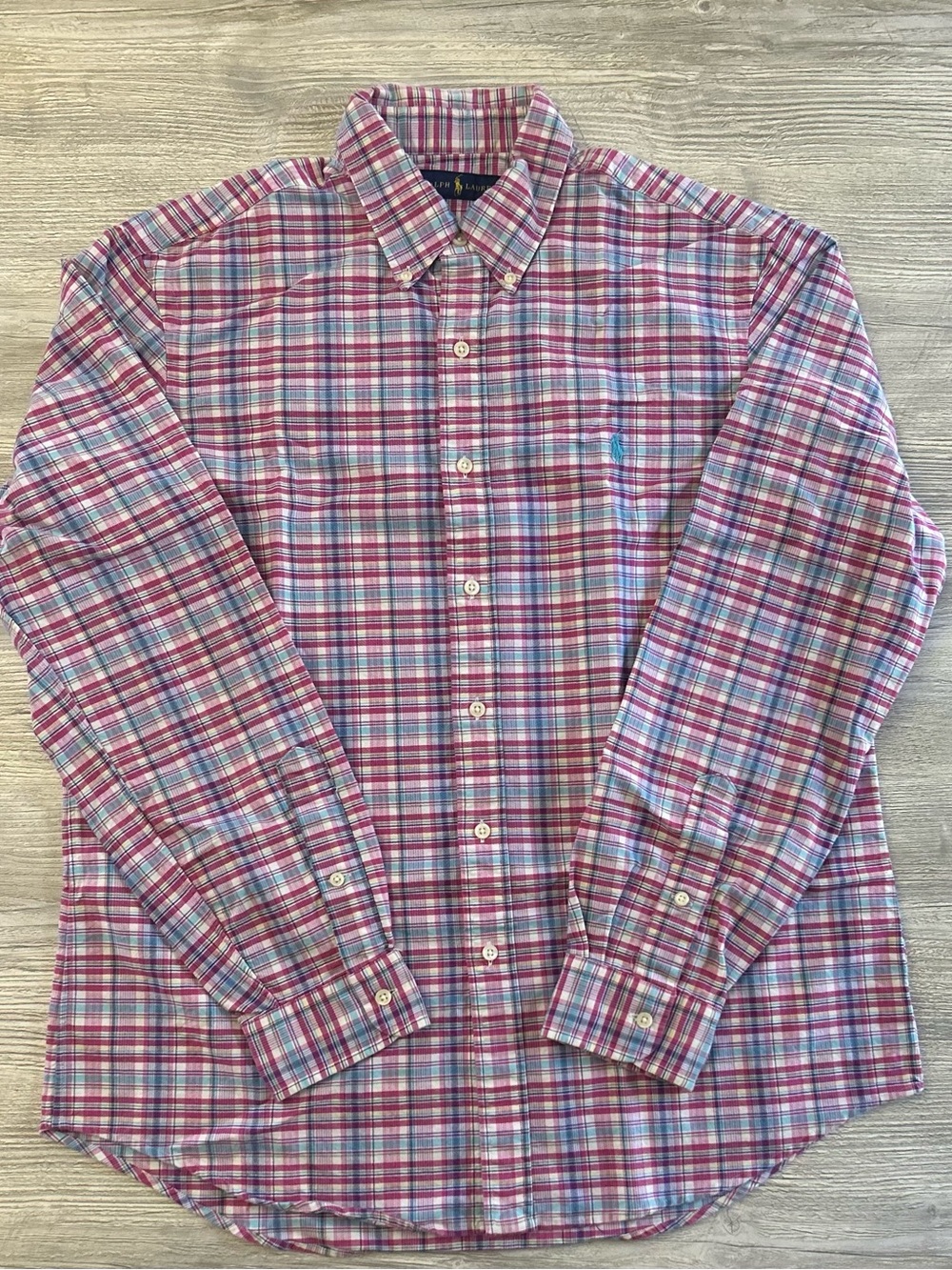 Polo Ralph Lauren L Plaid Oxford Cloth Button Down Cotton Shirt Pink Blue Pony